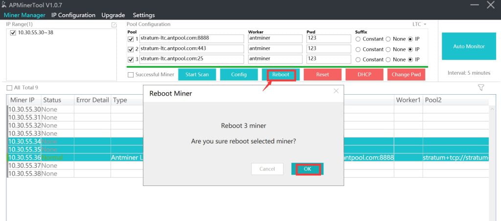 راه‌اندازی مجدد ماینر برای نظارت و مدیریت ماینرها در نرم افزار APMinerTool