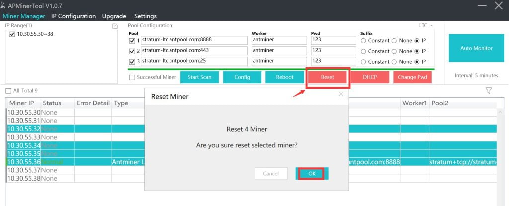 ریست کردن ماینر برای نظارت و مدیریت ماینرها در نرم افزار APMinerTool