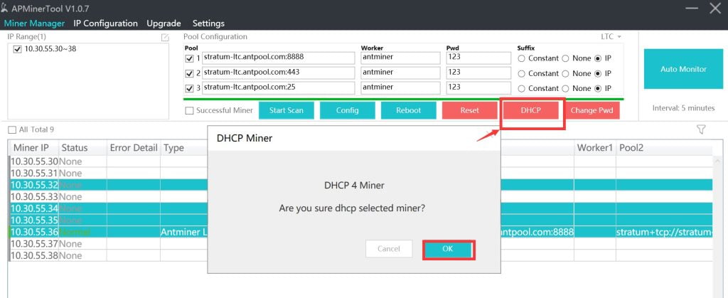 تغییر IP ماینرها از حالت استاتیک به DHCP برای نظارت و مدیریت ماینرها در نرم افزار APMinerTool